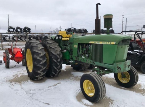 93892- JD 4020 TRACTOR, DSL, OS, 2WD, W/HUB DUALS, REAR WEIGHTS, POWER SHIFT, 3PT, PTO, 2 HYDRAULIC,