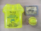 85457 JD Cloth Tape Measure, hunting license, Cherokee Farm Imp., salt/ pepper shakers