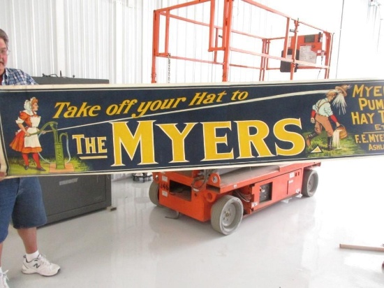 85616 - Meyers Pump & Hay tools, Ashland, OH, Nos banner 26" X 117"