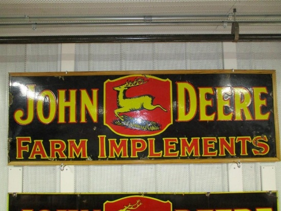 85424 - JD Farm Implements, 3 Legged Leaping Deere, Porcelain, single- sided, 2 X 6