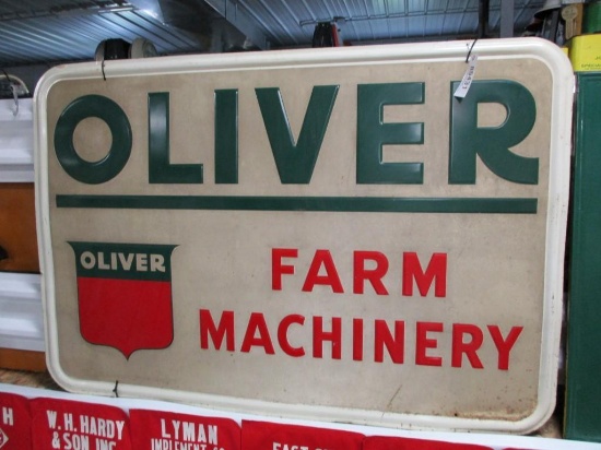 85431 - Oliver Farm Machinery, white background w/ reflects, tin, embossed 67 X 46