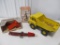 4640- VARIOUS TOYS; ALLIS CHALMERS ROTO BALER, ANTIQUE PUMP JACK, TONKA DUMP TRUCK & ELEVATOR