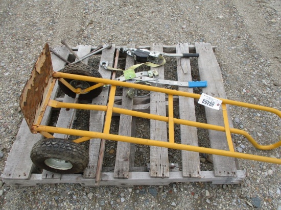 99469 -PALLET OF MISCELLANEOUS RATCHETS, TOOLS & TWO WHEEL CART