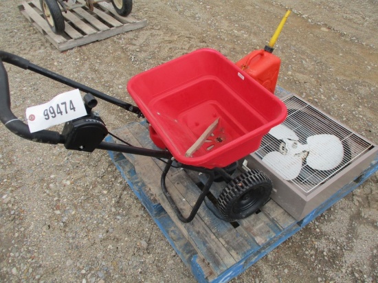 99474 -PALLET OF MISCELLANEOUS GAS CAN, YARD SPREADER & FAN