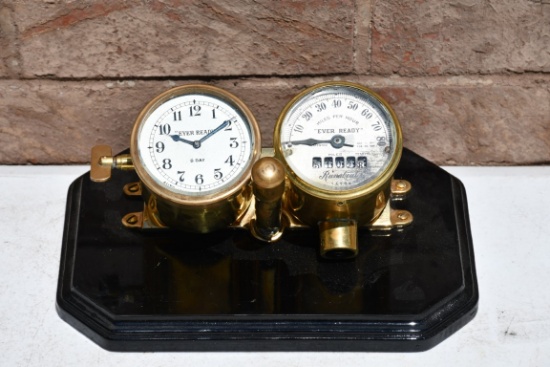 31128- EVEREADY BRASS SPEEDOMETER & CLOCK TURNED INTO A DESK DISPLAY