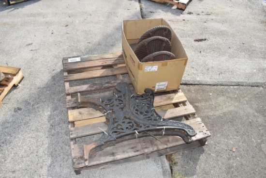 30405- (3) WICKER CHAIRS & (2) CAST IRON BENCH ENDS