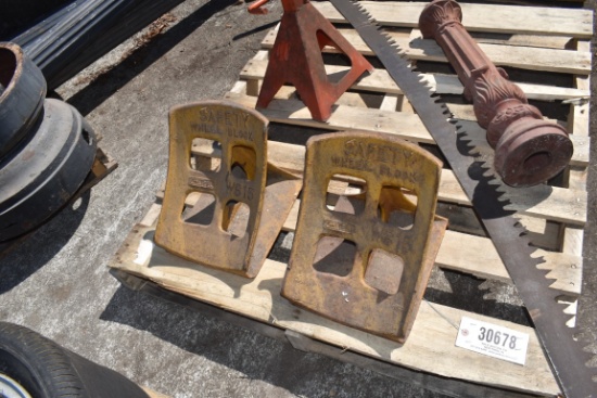 30678- CAST IRON WHEEL CHALKS, POLE SAW & STAND