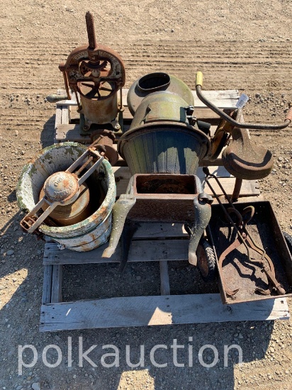 OLD TRICYCLE, LARD PRESS, STOVE, & ICE CREAM MAKER