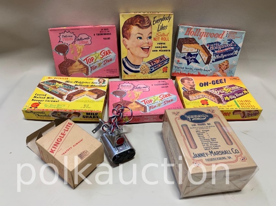 (7) VINTAGE CANDY BOXES & SAFETY LIGHT
