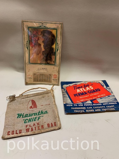 MARVEL LUBE MOTOR OIL CALENDAR, HIAWATHA WATER BAG & POS ATLAS PER MCGARD LITERATURE