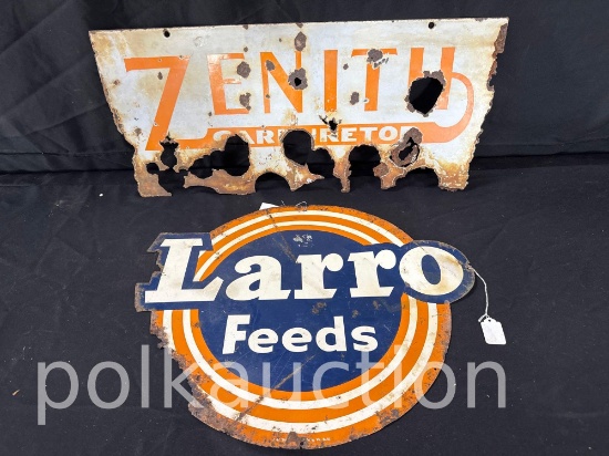 286-ZENITH PORCELAIN SIGN & LARRO FEEDS SIGN