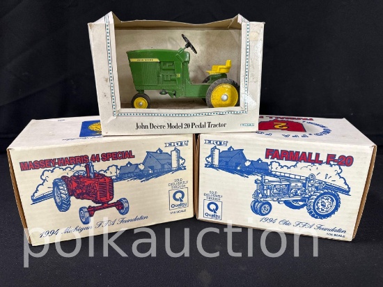 39741-ERTL FARMALL F-20 FFA EDITION, MASSEY HARRIS 44 SPEC, & JOHN DEERE 20 PEDAL MINI