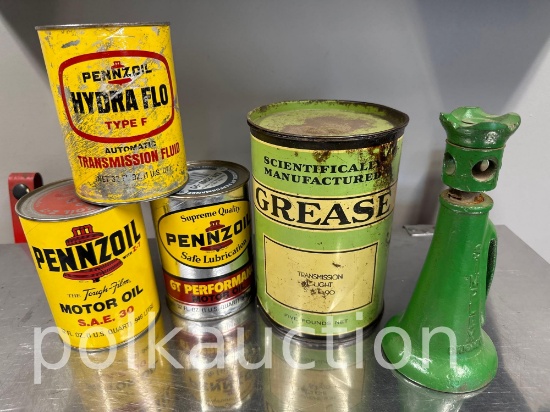 (3) PENZOIL CANS, GREASE CAN & JACK STAND