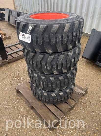 855-(4) NEW 12-16.5 FORERUNNER TIRES ON WHEEL FOR BOBCAT
