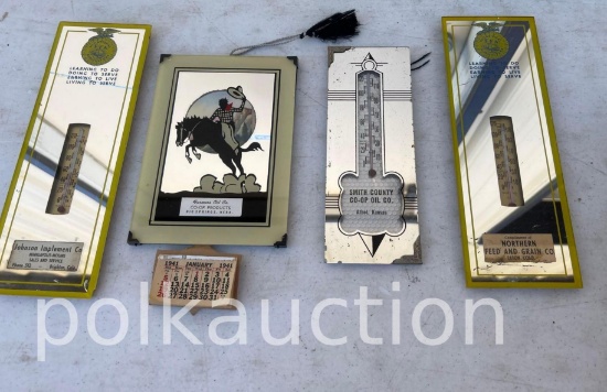 (4) MISC MIRRORED ADVERTISMENTS & THERMOMETERS