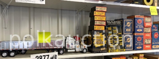 SHELF OF NOS FILTERS, BULBS, SEMI TOY, CANS/BOTTLES, ETC  **NO SHIPPING AVAILABLE**