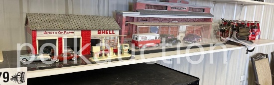 SHELF OF COLLECTIBLE CAR DISPLAYS, BOTTLES, ETC  **NO SHIPPING AVAILABLE**