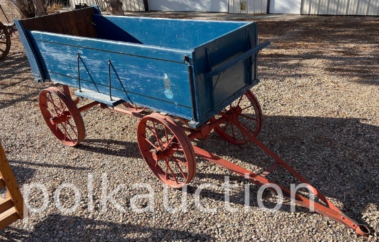 CASE- MINI WOODEN WAGON WITH STEEL RUNNING GEAR  **NO SHIPPING AVAILABLE**