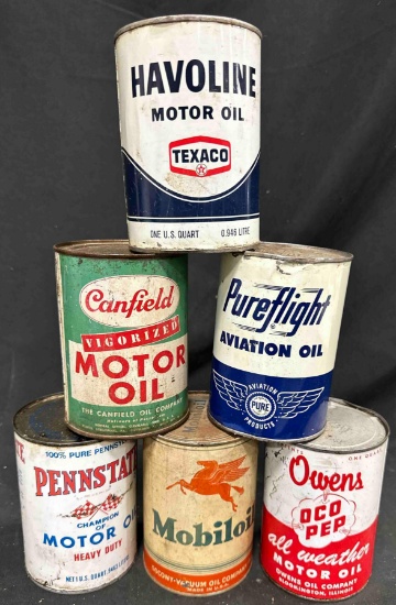 (6) MISC. VINTAGE QUART OIL CANS - SOME ARE FULL