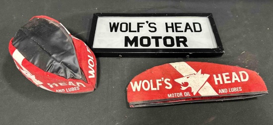 WOLF'S HEAD AD GLASS & SERVICE STATION ATTENDANT CAPS - 12" x 5"