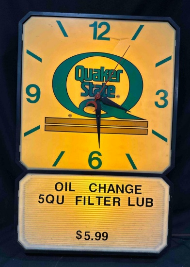 QUAKER STATE LIGHTED CLOCK - 26.5" x 17.75"