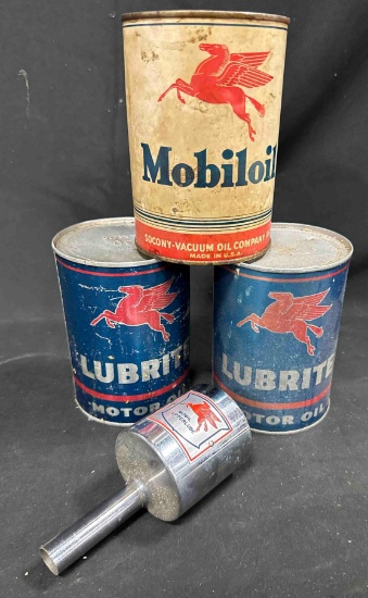 (3) MOBIL LUBRICANT CANS & MOBIL UPPER LUBE FUNNEL - SOME ARE FULL