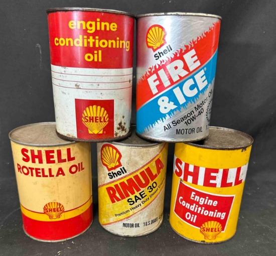 (5) SHELL OIL CANS - SOME ARE FULL