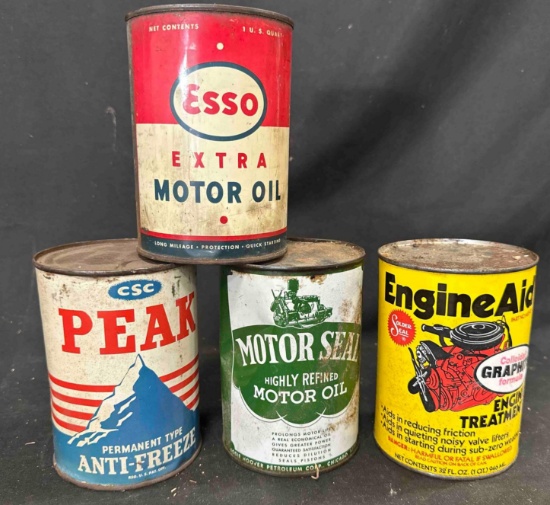 1123 - PEAK, ESSO, ENGINE AID & MOTOR SEAL CANS - SOME ARE FULL