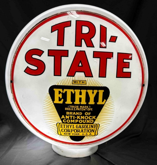 TRI STATE GAS PUMP GLOBE - ALL GLASS - ORIGINAL LENSES - ONE CRACKED LENSE - 13.5"