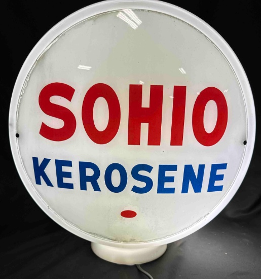 SOHIO KEROSENE GAS PUMP GLOBE - ALL ORIGINAL - ONE LENSE HAS SMALL HOLE - 13.5"