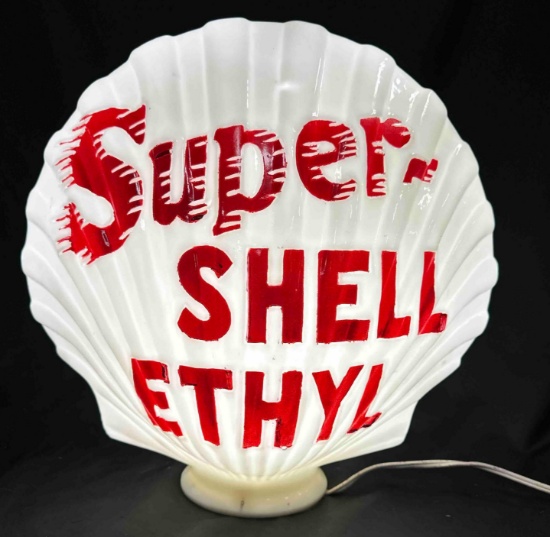 SUPER SHELL ETHYL GAS PUMP GLOBE - ORIGINAL - SMALL PINHOLES & ONE SIDE CRACKED - 19"