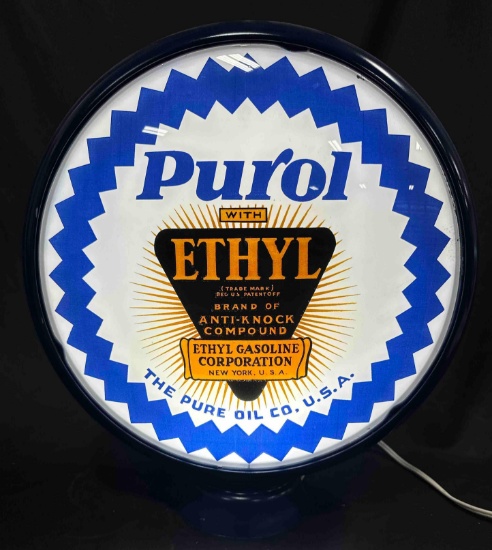 PUROL GAS PUMP GLOBE - METAL GLOBE - ORIGINAL LENSES - 15"