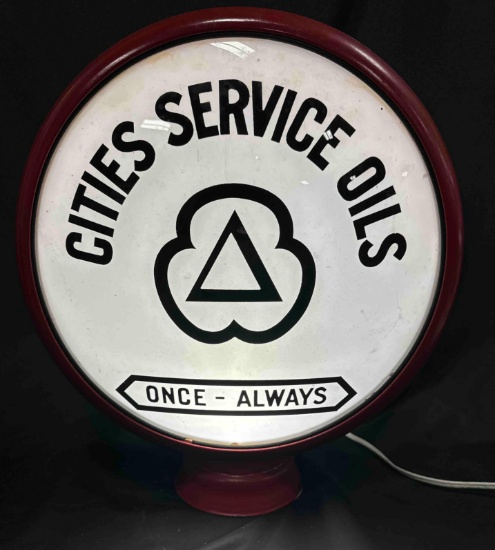 CITIES SERVICE OILS GAS PUMP GLOBE - METAL GLOBE - ORIGINAL LENSES - 15.5"