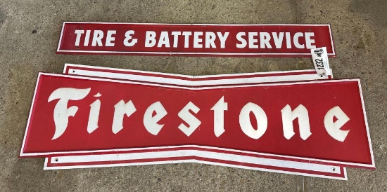 FIRESTONE TIN SIGN - 72" x 23", TIRE AND BATTERY SERVICE TIN SIGN - 65" x 9"- BOTH SINGLE SIDED