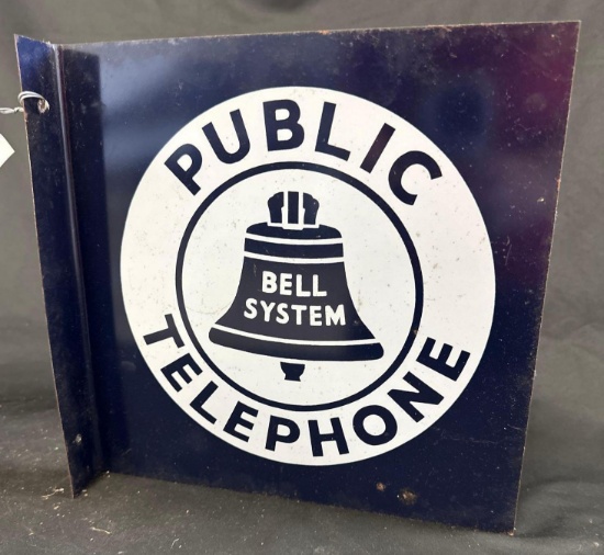 BELL SYSTEM PUBLIC TELEPHONE TIN SIGN - 11" x 11" - DOUBLE SIDED FLANGE