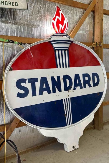 STANDARD SIGN WITH LIGHTED FLAME GLOBE - ALL ORIGINAL - 85" x 8' - DOUBLE SIDED