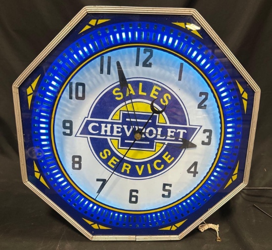 CHEVROLET LIGHTED ROTATING CLOCK - 18" x 18"