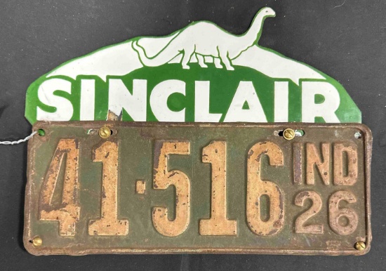 (1926) INDIANA LICENSE PLATE W/ PORCELIAN SINCLAIR TOPPER - 9.5" x 13"