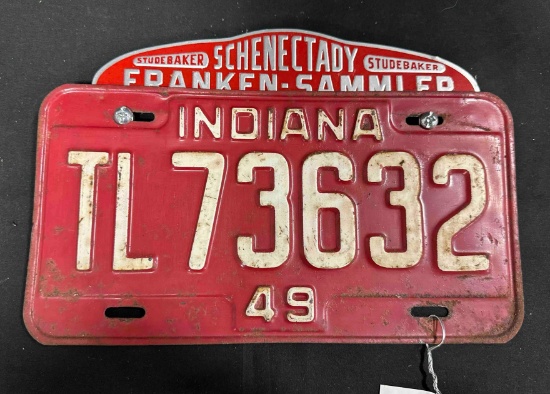 (1949) INDIANA LICENSE PLATE W/ STUDEBAKER TOPPER - 8" x 12"
