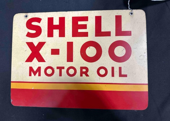 SHELL X-100 MOTOR OIL TIN SIGN - 10" x 14" - DOUBLE SIDED