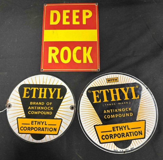 8832 - (2) ETHYL & (1) DEEP ROCK PORCELAIN SIGNS