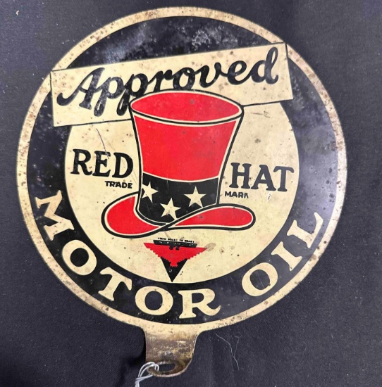 RED HAT MOTOR OIL PORCELAIN SIGN - 7" ROUND - DOUBLE SIDED