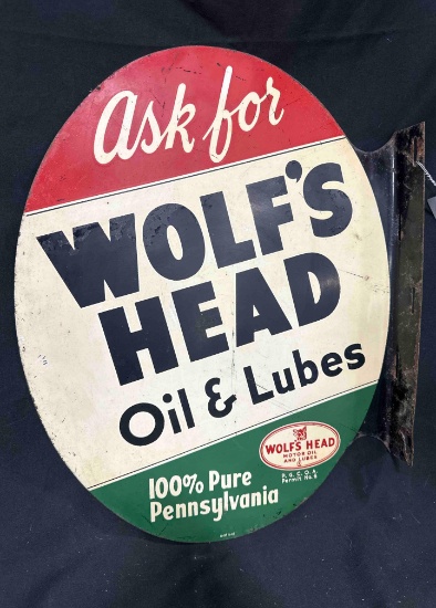 WOLF'S HEAD OIL & LUBE PORCELAIN FLANGE SIGN - 17" x 22" - DOUBLE SIDED