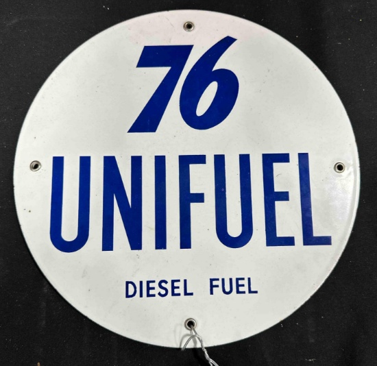 76 UNIFUEL DIESEL PORCELAIN SIGN - 11.5" ROUND - SINGLE SIDED