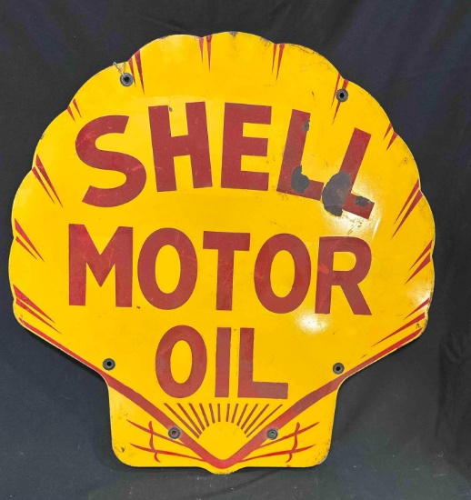 SHELL MOTOR OIL PORCELAIN SIGN - 24" x 25" - DOUBLE SIDED - REFLECTIVE GLASS BEAD PAINT