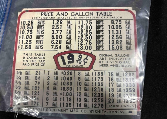 TIN PRICE & GALLON TABLE - 8" x 9.25" - DOUBLE SIDED