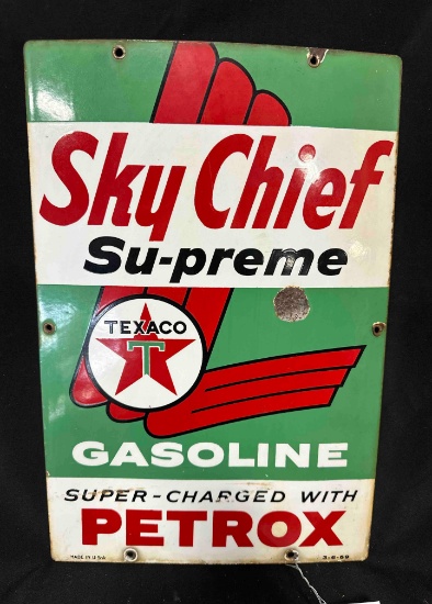(1959) SKY CHEIF SU-PREME PETROX PORCELIAN SIGN - 12" x 18" - SINGLE SIDED