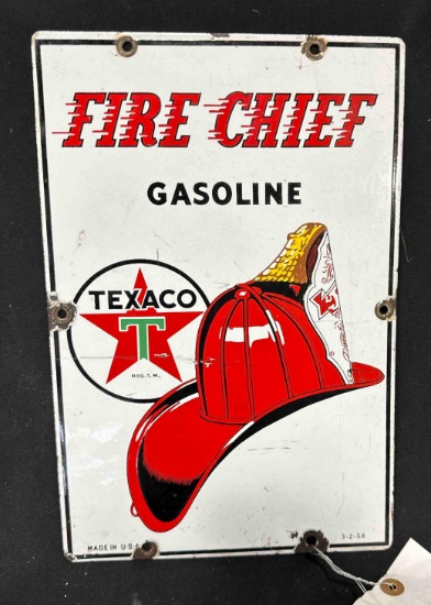 (1958) FIRE CHIEF GASOLINE PORCELIAN SIGN - 12" x 18" - SINGLE SIDED
