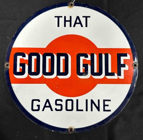 THAT GOOD GULF GASOLINE PORCELIAN SIGN - 10.5" ROUND - SINGLE SIDED