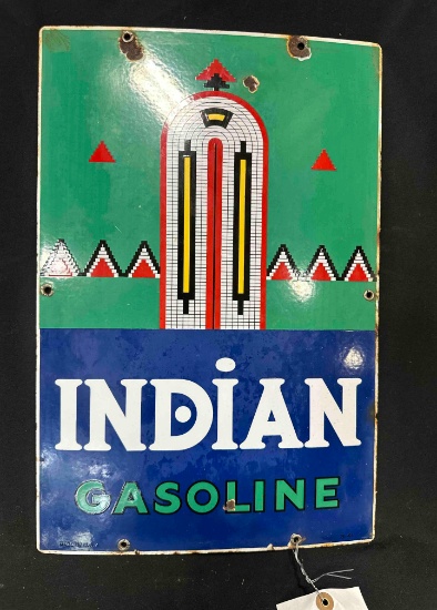 INDIAN GASOLINE PORCELIAN SIGN - 12" x 18" - SINGLE SIDED